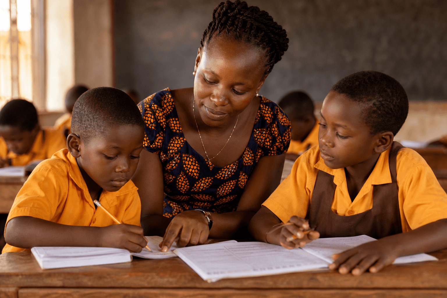 Teacher supporting learners in a Ugandan classroom